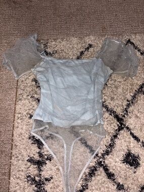 Le Lis Light Blue Sheer Mesh Puff Sleeve Bodysuit
